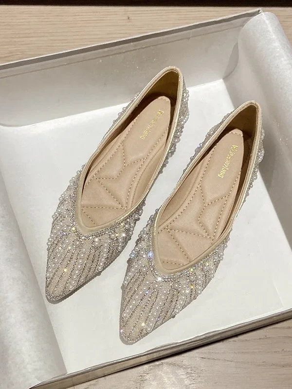 Summer Soft Bottom Pointed Toe Flat Shoes With Pearl Rhinestone Accents