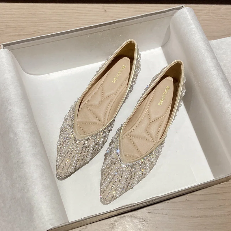 Summer Soft Bottom Pointed Toe Flat Shoes With Pearl Rhinestone Accents