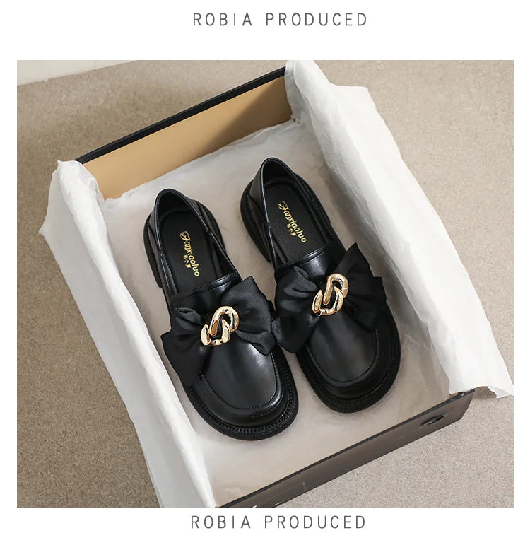 Retro Loafer Shoes with Round Toe and Thick Heel College Style Bow for Women - Image 12