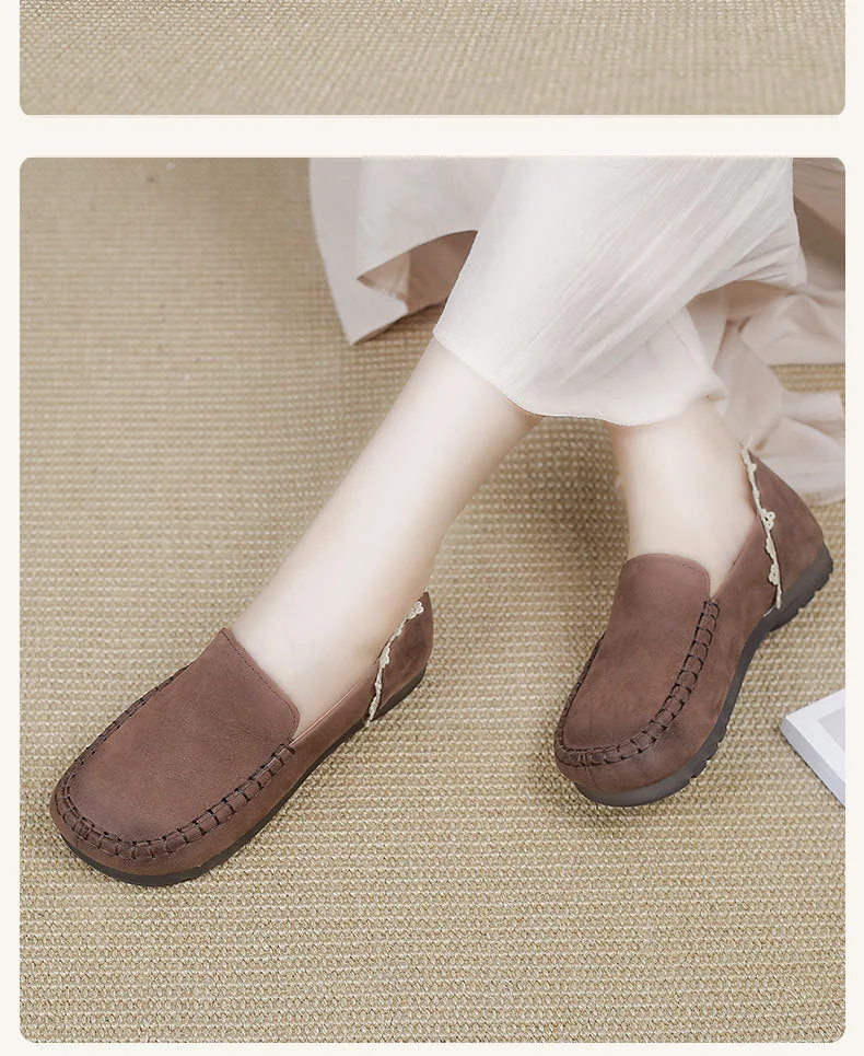 Handmade Ladies Genuine Leather Loafers Lace Trimmed Flat Shoes - Image 17