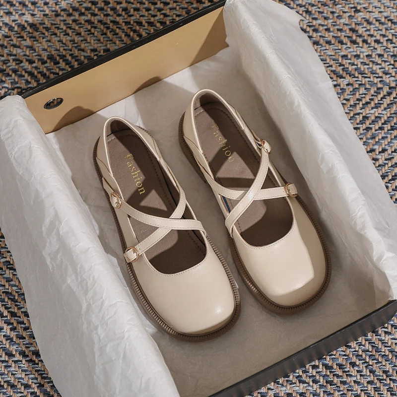 Womens Flat Bottom Round Toe Mary Jane Shoes Soft Non-slip Cross Straps - Image 5