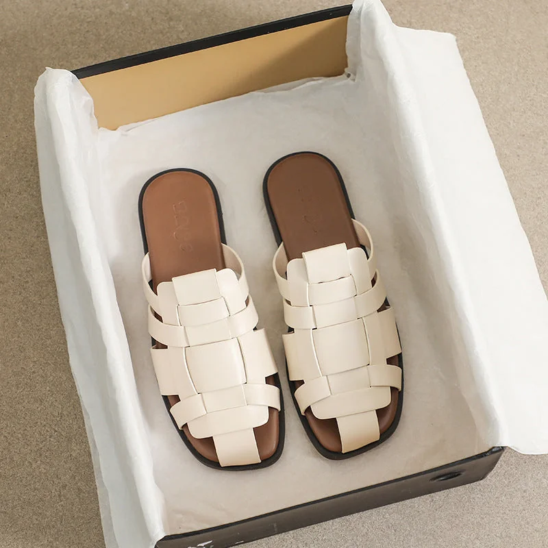 Women Slippers 2023 New Retro Flat Slippers Woven Strappy Sandals - Image 4