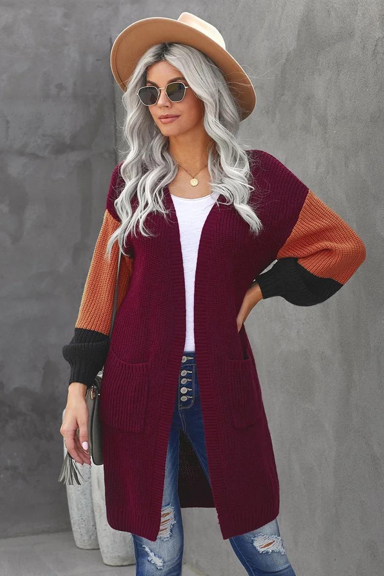 colorblock long sleeve cardigan sweater coat women's medium long loose sweater - Image 9
