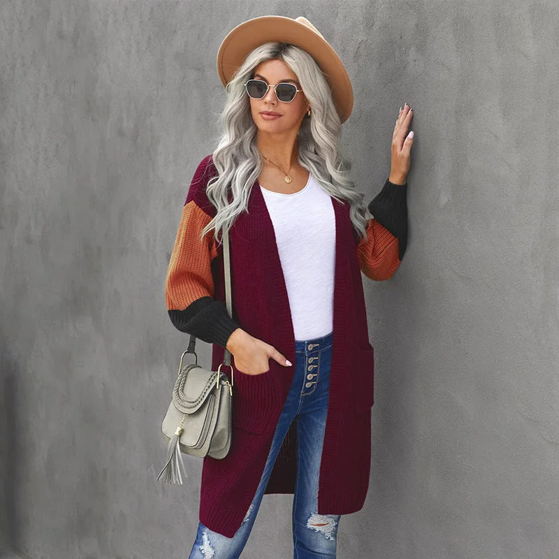 colorblock long sleeve cardigan sweater coat women's medium long loose sweater - Image 3