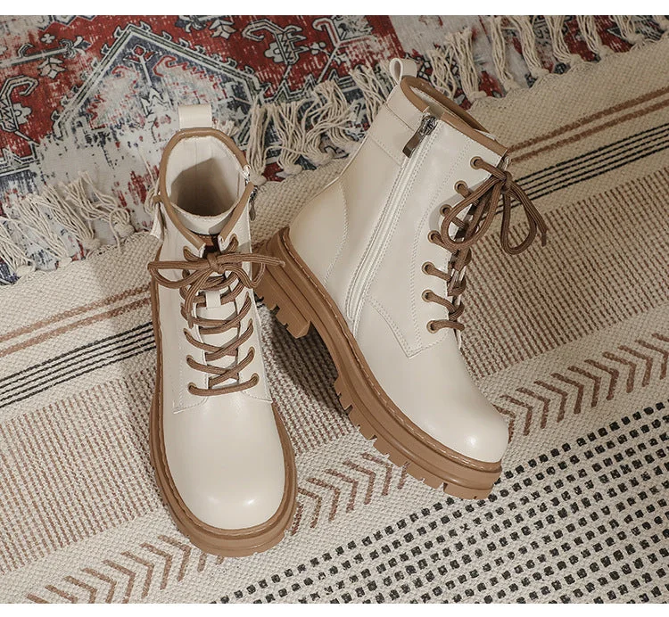 Thick Sole Vintage British Style Short Boots Lace-Up Mid Tube Boots for Women - Image 16