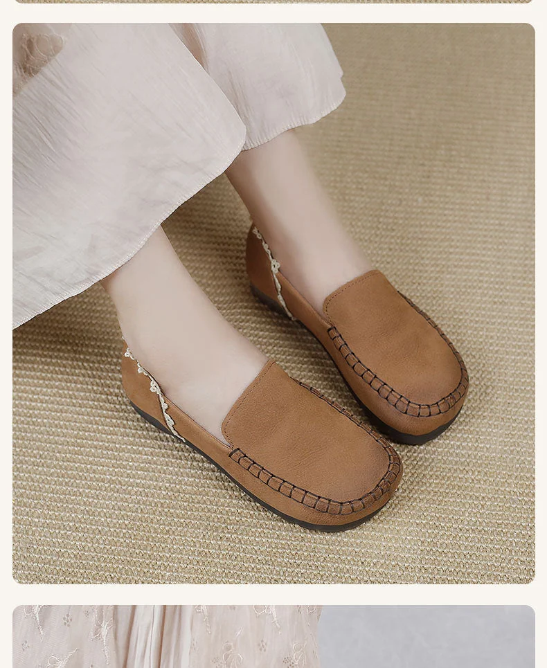 Handmade Ladies Genuine Leather Loafers Lace Trimmed Flat Shoes - Image 11