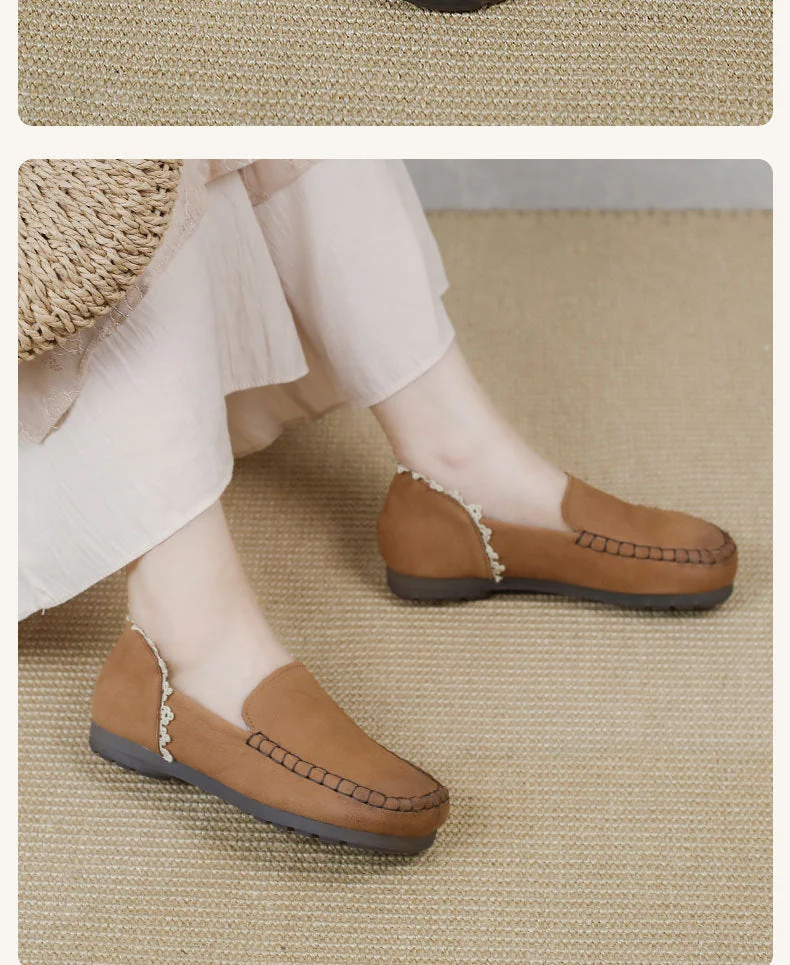 Handmade Ladies Genuine Leather Loafers Lace Trimmed Flat Shoes - Image 10