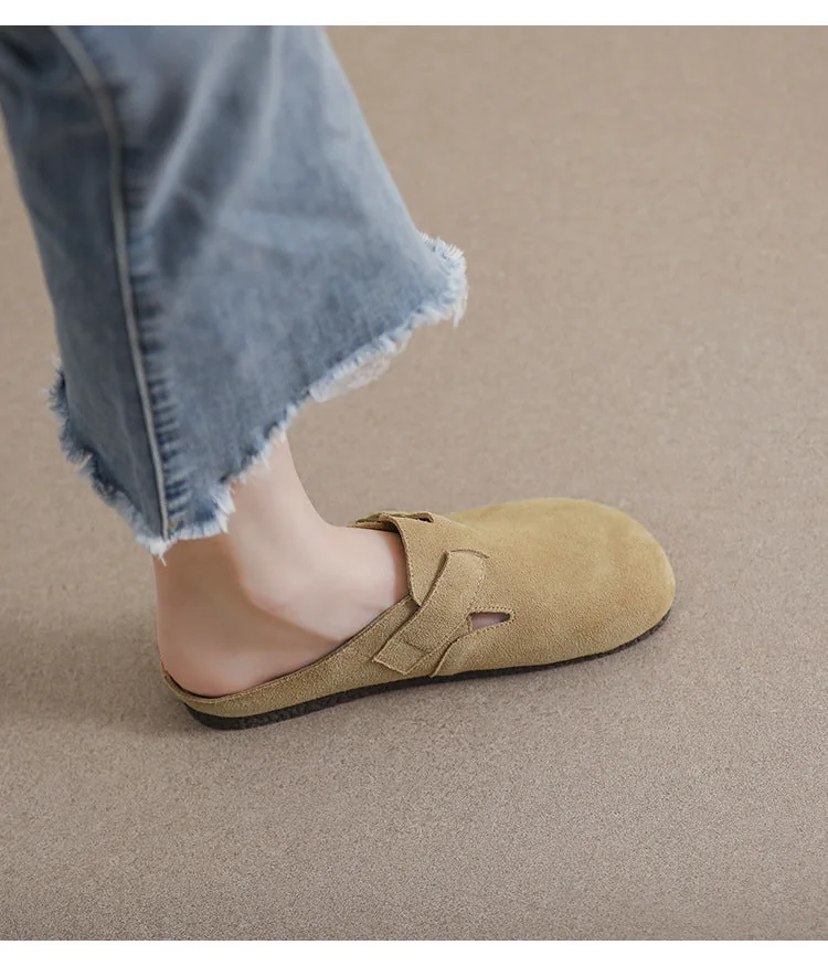 Retro Leather Sandals and Slippers Women's Flat Borken Half Slippers - Image 15