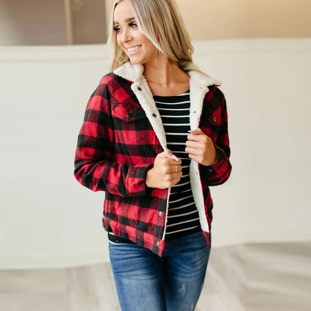 Winter Plus Velvet Thick Plaid Jacket Women's Cardigan Long-sleeved Coat - Image 7