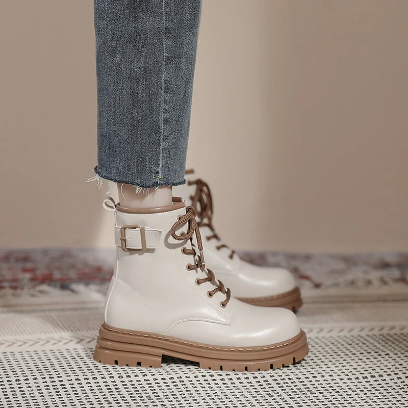 Thick Sole Vintage British Style Short Boots Lace-Up Mid Tube Boots for Women - Image 4