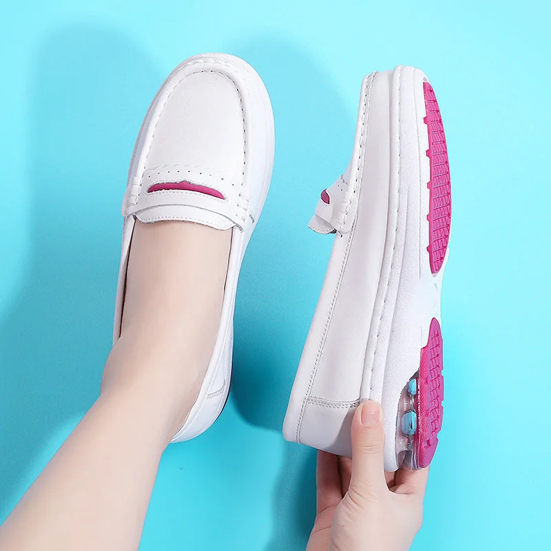 Women's Nurse Loafers Leather Wedge Soft Flat Breathable Nursing Shoes - Image 2