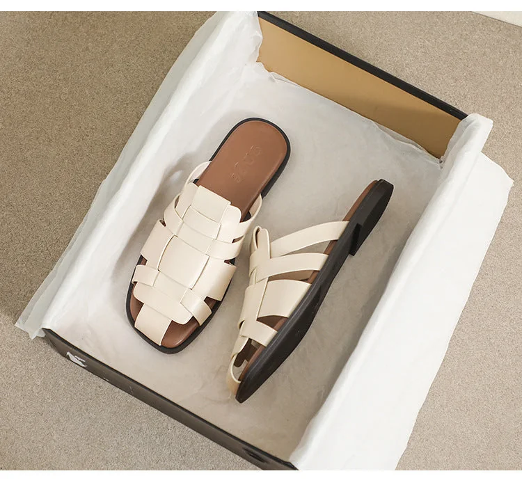 Women Slippers 2023 New Retro Flat Slippers Woven Strappy Sandals - Image 19