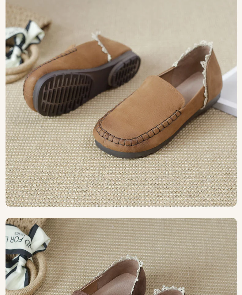 Handmade Ladies Genuine Leather Loafers Lace Trimmed Flat Shoes - Image 7