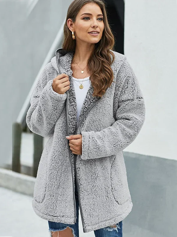 Fleece Thickened Hooded Jacket Women's Mid-length Loose Casual Jacket