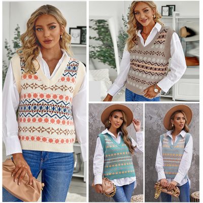 Autumn And Winter 2021 New Casual Loose V-Neck Pullover Printing Knit Fashion All-Match