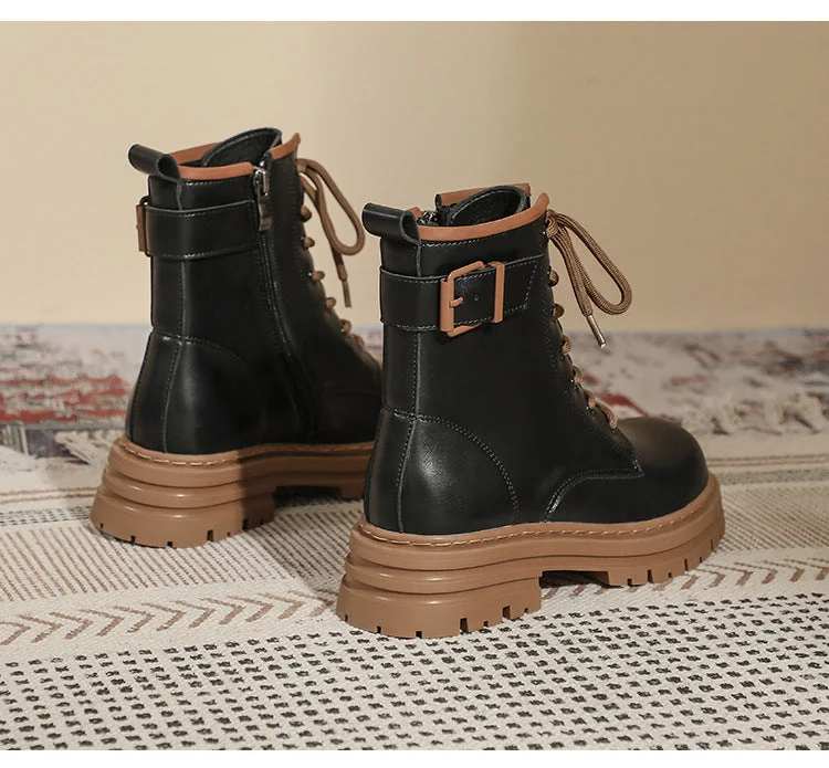 Thick Sole Vintage British Style Short Boots Lace-Up Mid Tube Boots for Women - Image 19