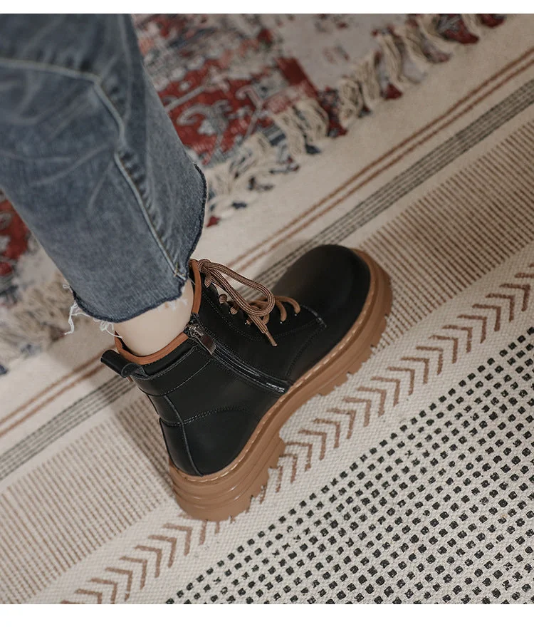 Thick Sole Vintage British Style Short Boots Lace-Up Mid Tube Boots for Women - Image 14