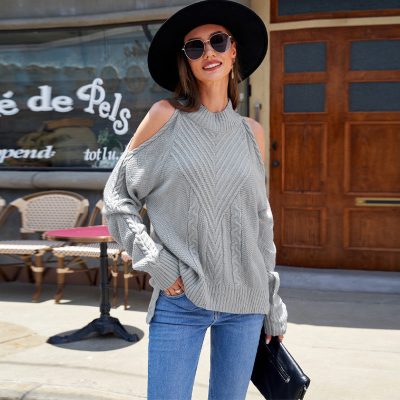 Autumn Winter Solid Color Off Shoulder Pullover Sweater Women New Long Sleeved Thick Stitch Knitted Tops