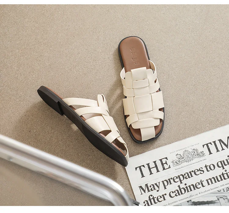 Women Slippers 2023 New Retro Flat Slippers Woven Strappy Sandals - Image 17