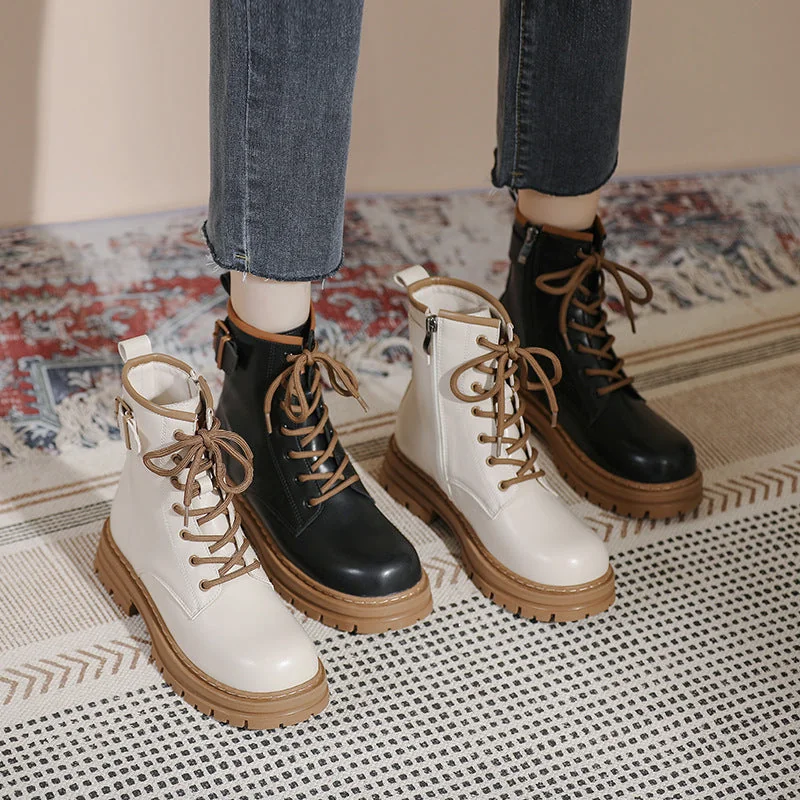 Thick Sole Vintage British Style Short Boots Lace-Up Mid Tube Boots for Women - Image 5