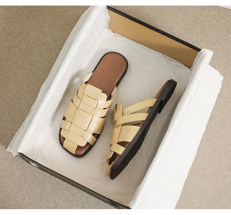 Women Slippers 2023 New Retro Flat Slippers Woven Strappy Sandals - Image 24