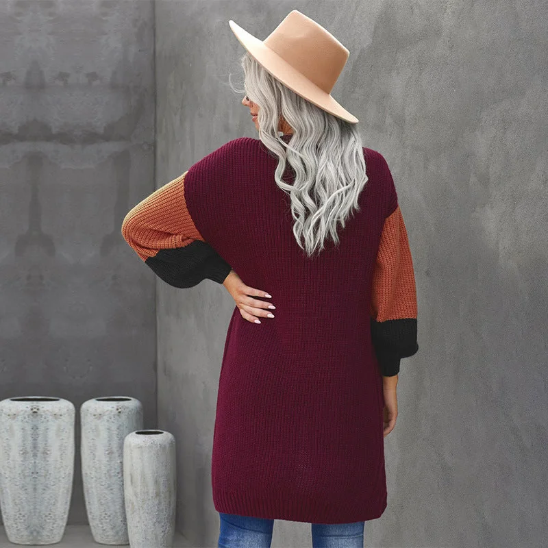 colorblock long sleeve cardigan sweater coat women's medium long loose sweater - Image 4