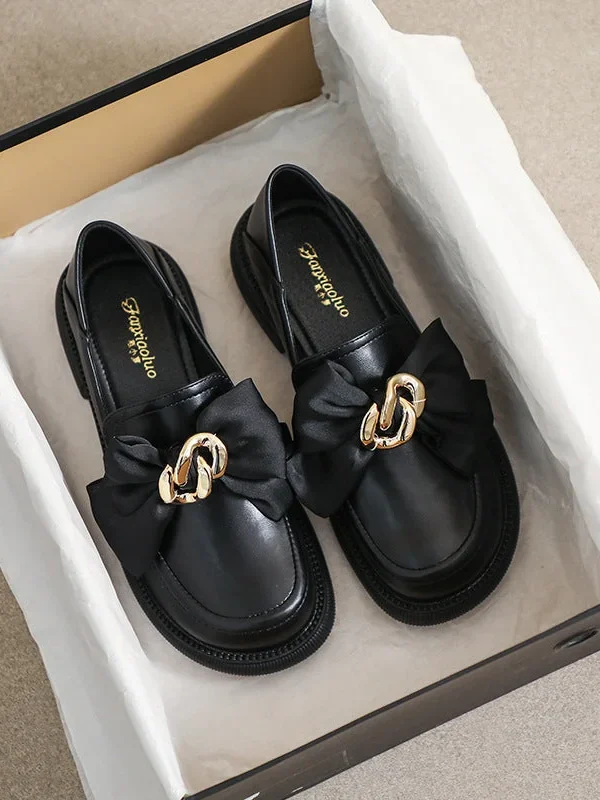 Retro Loafer Shoes with Round Toe and Thick Heel College Style Bow for Women