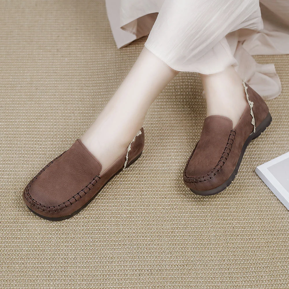 Handmade Ladies Genuine Leather Loafers Lace Trimmed Flat Shoes - Image 3