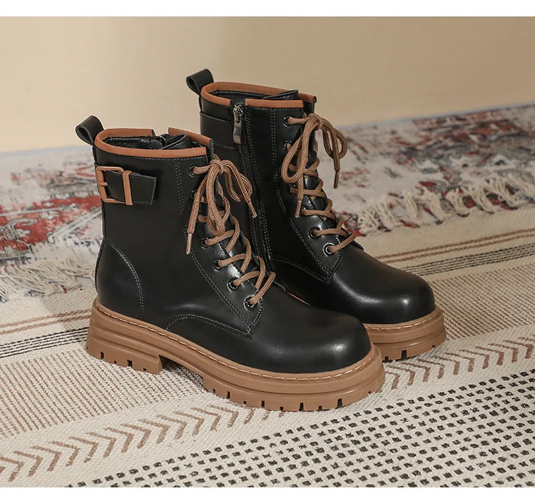 Thick Sole Vintage British Style Short Boots Lace-Up Mid Tube Boots for Women - Image 18