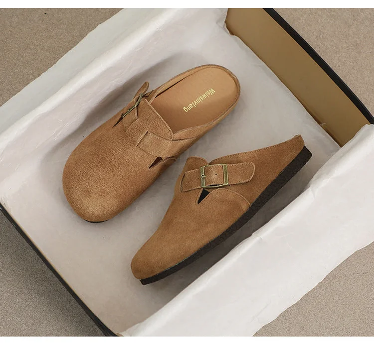 Retro Leather Sandals and Slippers Women's Flat Borken Half Slippers - Image 18