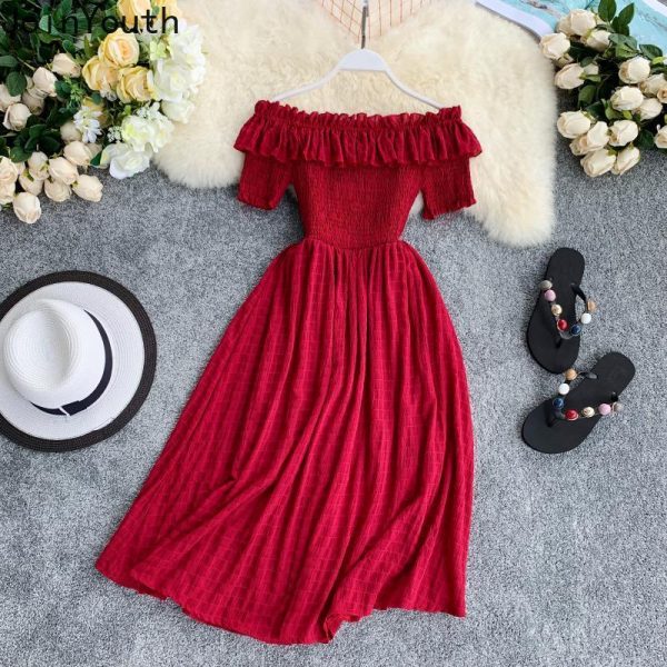 Summer Dress Solid Off Shoulder Dresses Women High Waist Chiffon - Takalr