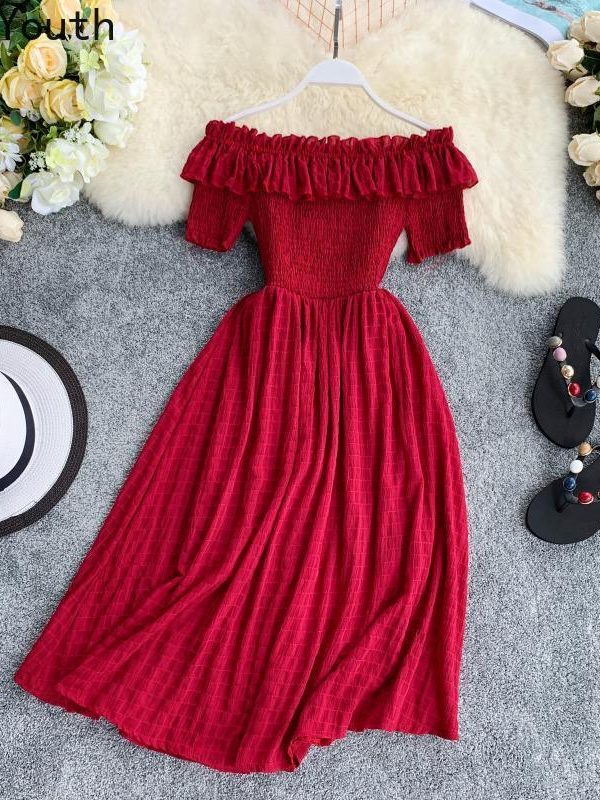 Summer Dress Solid Off Shoulder Dresses Women High Waist Chiffon - Takalr