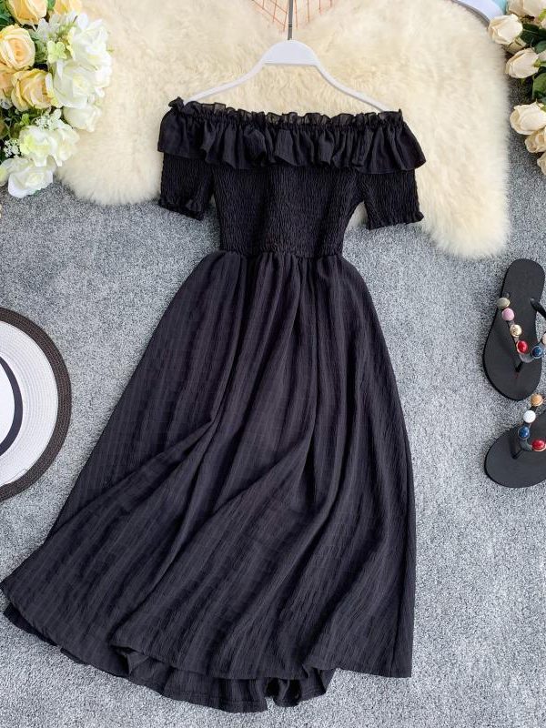 Summer Dress Solid Off Shoulder Dresses Women High Waist Chiffon - Takalr