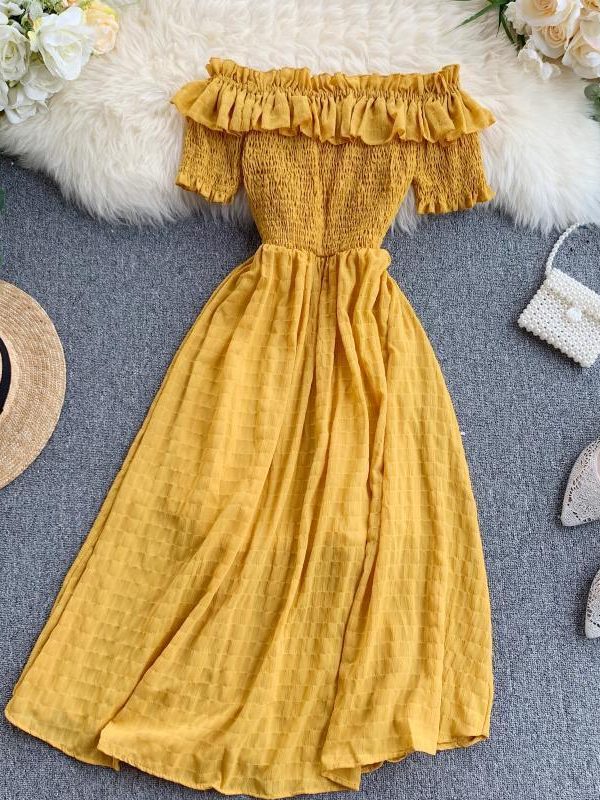 Summer Dress Solid Off Shoulder Dresses Women High Waist Chiffon - Takalr