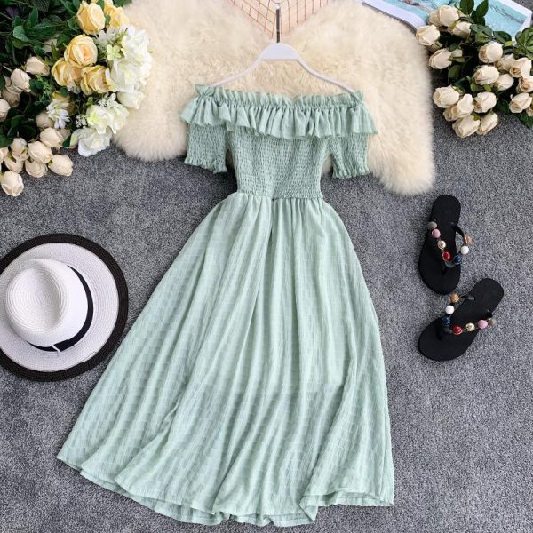 Summer Dress Solid Off Shoulder Dresses Women High Waist Chiffon - Takalr