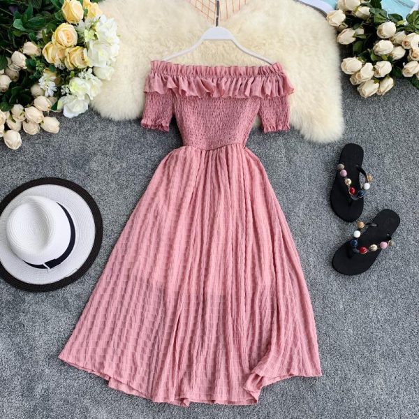 Summer Dress Solid Off Shoulder Dresses Women High Waist Chiffon - Takalr