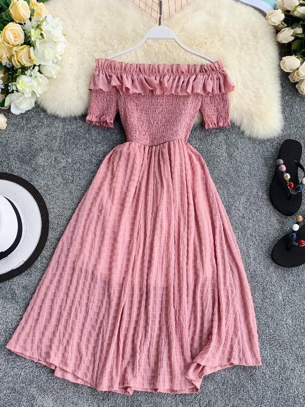 Summer Dress Solid Off Shoulder Dresses Women High Waist Chiffon - Takalr