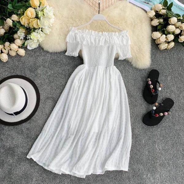 Summer Dress Solid Off Shoulder Dresses Women High Waist Chiffon - Takalr