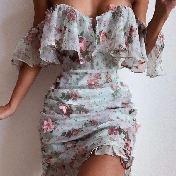 Off Shoulder Chiffon Dress Women Short Sleeve Slash Neck Flower Print Summer Dress Sexy Strapless Ruched Bodycon Dresses Vestido - Takalr