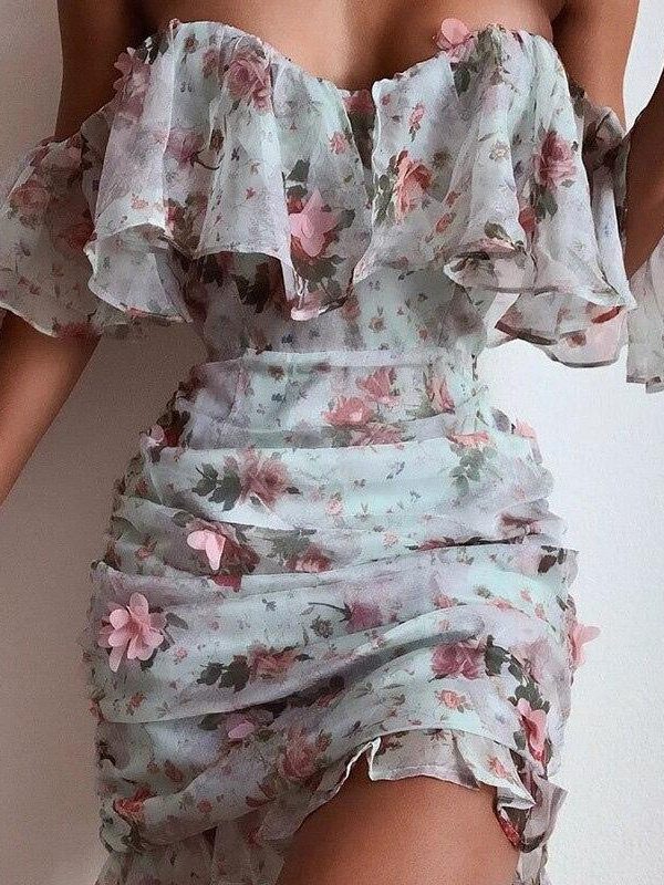 Off Shoulder Chiffon Dress Women Short Sleeve Slash Neck Flower Print Summer Dress Sexy Strapless Ruched Bodycon Dresses Vestido - Takalr