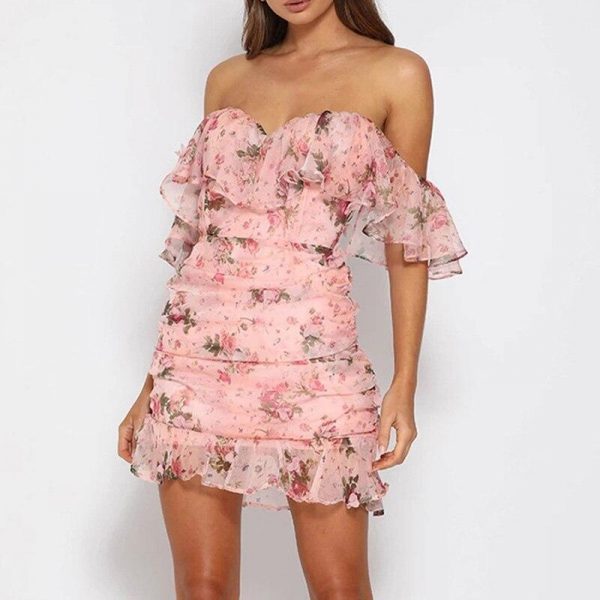 Off Shoulder Chiffon Dress Women Short Sleeve Slash Neck Flower Print Summer Dress Sexy Strapless Ruched Bodycon Dresses Vestido - Takalr