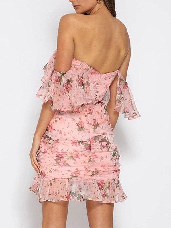 Off Shoulder Chiffon Dress Women Short Sleeve Slash Neck Flower Print Summer Dress Sexy Strapless Ruched Bodycon Dresses Vestido - Takalr