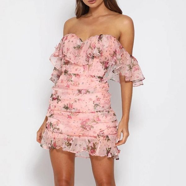 Off Shoulder Chiffon Dress Women Short Sleeve Slash Neck Flower Print Summer Dress Sexy Strapless Ruched Bodycon Dresses Vestido - Takalr