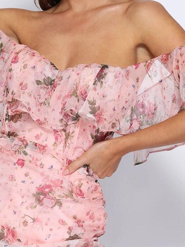 Off Shoulder Chiffon Dress Women Short Sleeve Slash Neck Flower Print Summer Dress Sexy Strapless Ruched Bodycon Dresses Vestido - Takalr