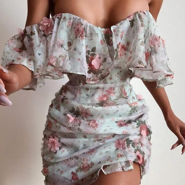 Off Shoulder Chiffon Dress Women Short Sleeve Slash Neck Flower Print Summer Dress Sexy Strapless Ruched Bodycon Dresses Vestido - Takalr