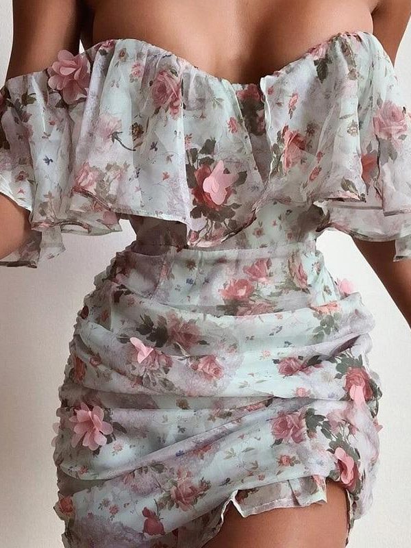 Off Shoulder Chiffon Dress Women Short Sleeve Slash Neck Flower Print Summer Dress Sexy Strapless Ruched Bodycon Dresses Vestido - Takalr