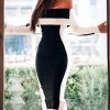 Off Shoulder Colorblock Insert Bodycon Dress Women Black White Patchwork Midi Ong Sleeve Dress Elegant Ladies Back Split Vestido - Takalr