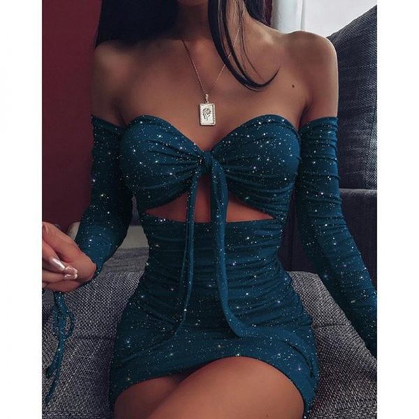 Off Shoulder Glitter Dress Women Front Lace Up Hollow Out Ruchech Party Dress Stretchy Glittering Sexy Dresses Bodycon Vestidos - Takalr