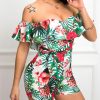 Off Shoulder Ruffles Rompers Womens Jumpsuit Summer Flower Print Jumpsuit Shorts Casual Beach Outfits Mujer - Takalr