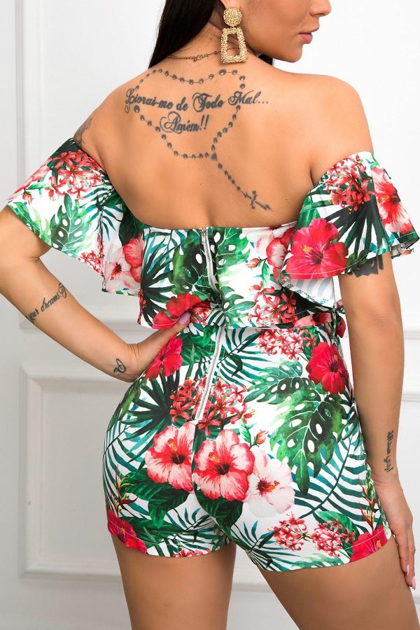 Off Shoulder Ruffles Rompers Womens Jumpsuit Summer Flower Print Jumpsuit Shorts Casual Beach Outfits Mujer - Takalr